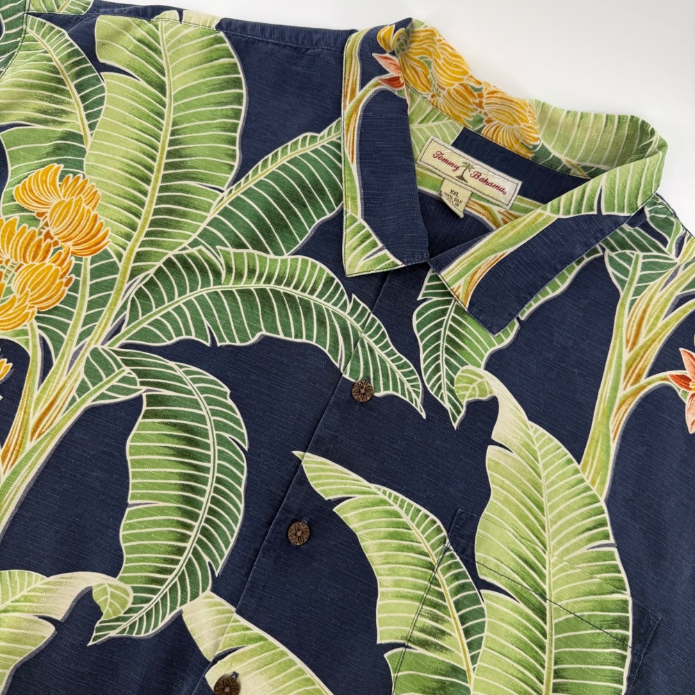 Tommy Bahama Shirt Mens XXL Navy Blue Silk Tropical Banana Leaf Floral Button Up